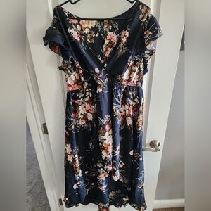 SHEIN Navy Floral Wrap-Front Midi Dress